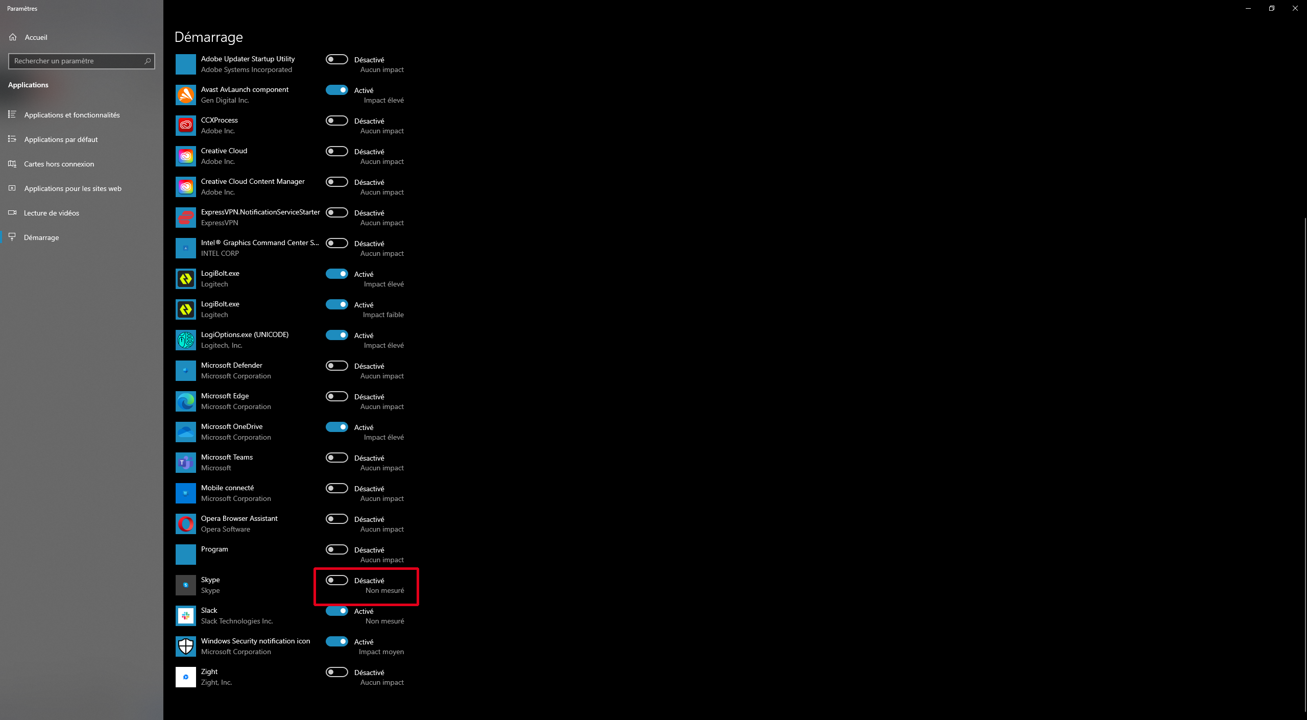 Positionner le curseur à Désactiver pour Skype dans la liste des applications démarrant avec Windows