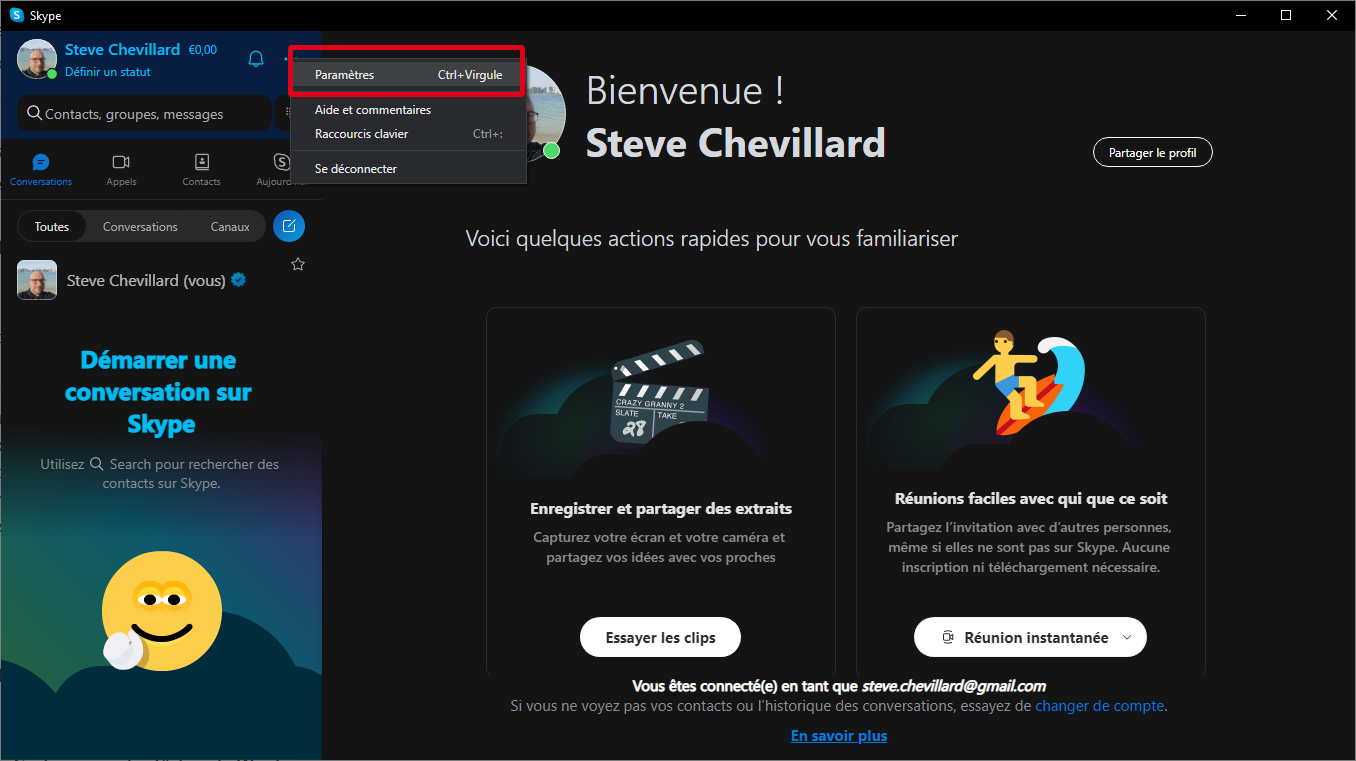 Ouvrir les paramètres de Skype
