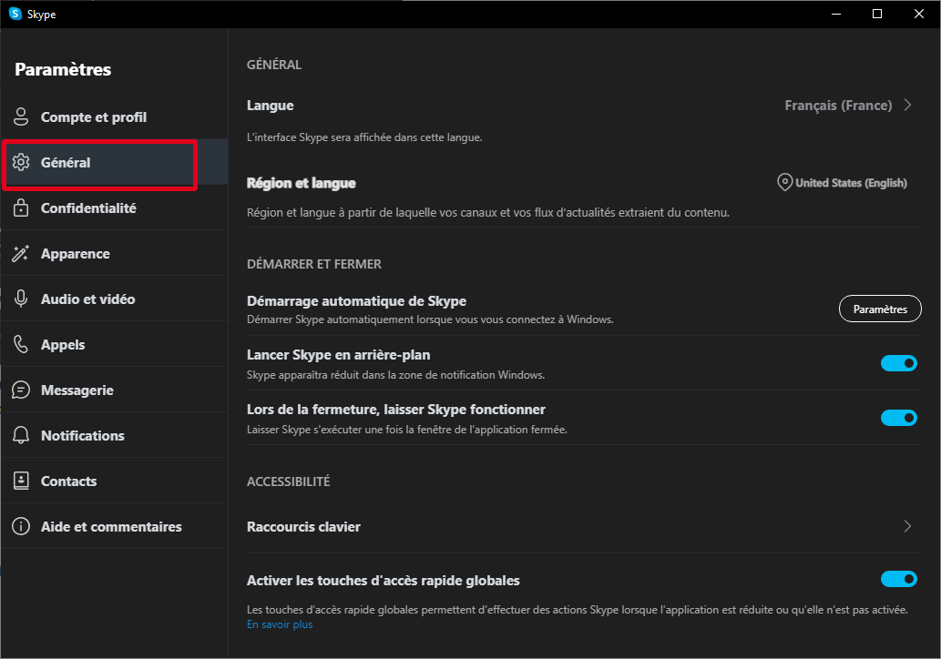 Cliquer sur l'onglet Général des paramètres de Skype