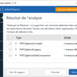 Résultats de l'analyse AdwCleaner avec détection de Cacaoweb et autres adwares