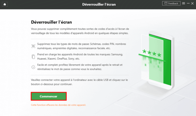 Bouton Commencer pour lancer le déverrouillage d'un smartphone dans DroidKit