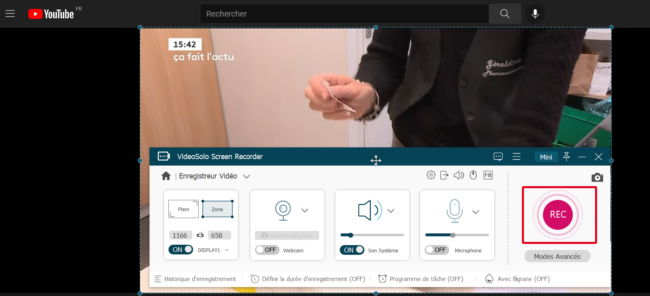 Lancement de l'enregistrement d'une vidéo YouTube en direct avec le bouton Rec de VideoSolo