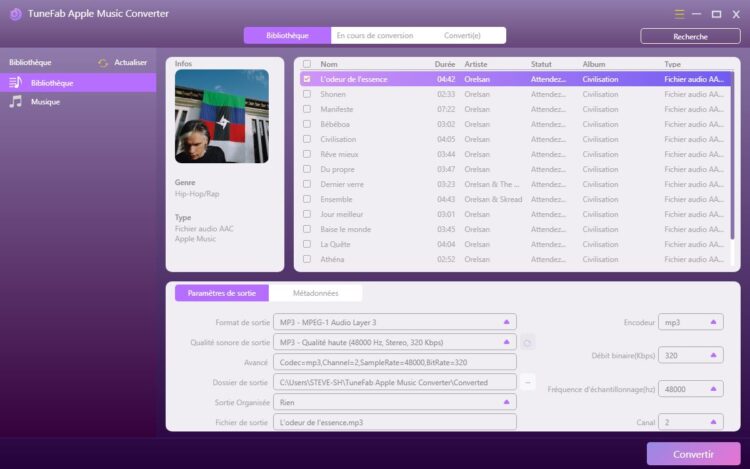Interface de TuneFab Apple Music Converter en cours de conversion d'un titre iTunes en MP3