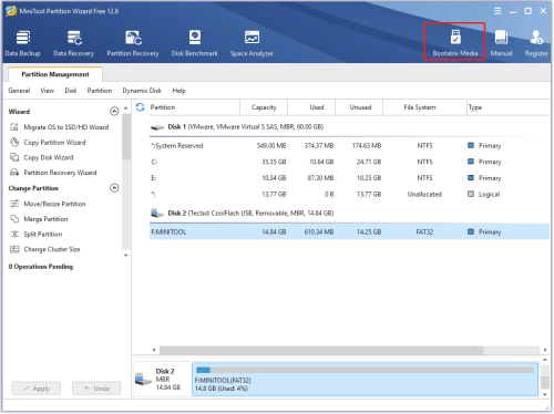Creation d une cle USB amorcable avec MiniTool Partition Wizard pour etendre la partition systeme