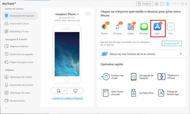 Installer un fichier IPA sur iPhone avec AnyTrans : sélection du menu Apps