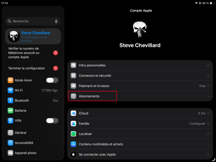 Cliquer sur Abonnements pour accéder à tous vos abonnements Apple
