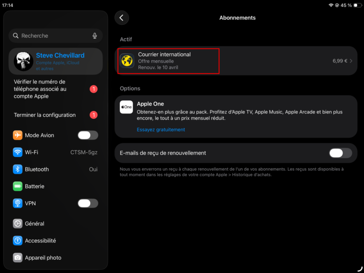 Cliquer sur l'abonnement Apple que vous souhaitez annuler