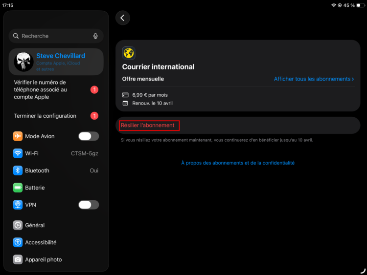 Cliquer sur Résilier l'abonnement pour procéder à son annulation