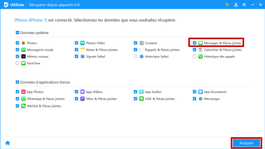 Sélection du type de message à récupérer