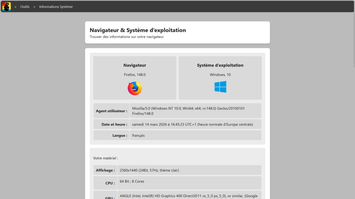 Exemple d'informations données sur le navigateur et l'OS du visiteur