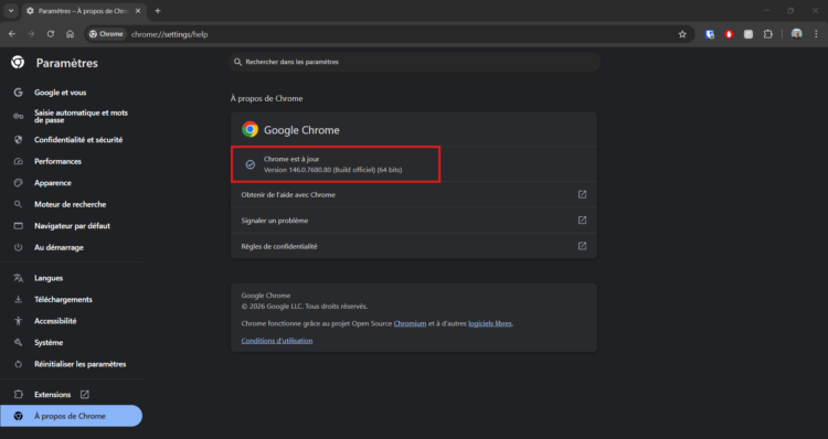 Affichage des informations sur la version de Google Chrome