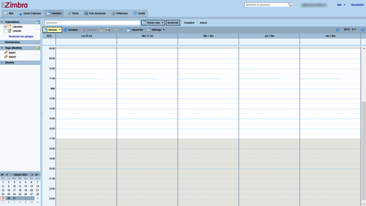 Interface du calendrier partagé dans le webmail Zimbra Free