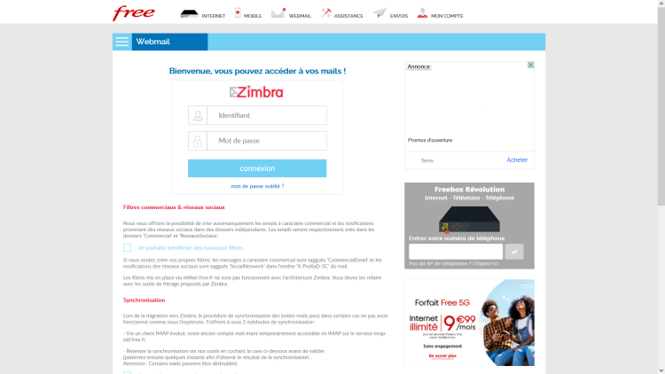 Page de connexion au webmail Zimbra Free avec les champs identifiant et mot de passe