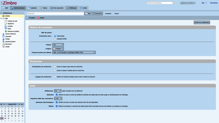Les options de personnalisation du thème dans les préférences de Zimbra Free