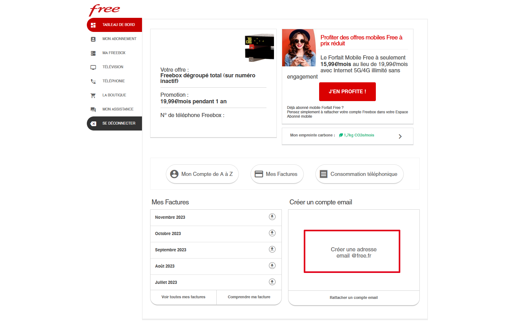 Tableau de bord Abonné Freebox pour accéder à la création d'une adresse email @free.fr
