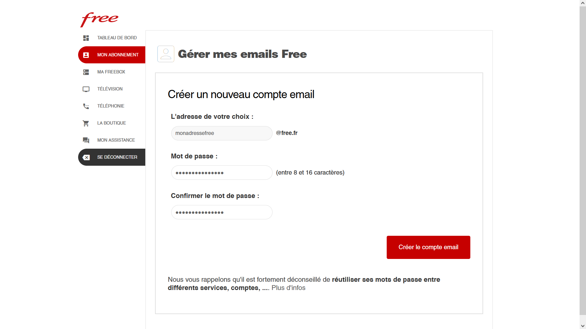 Saisie des identifiants de son adresse email free à créer