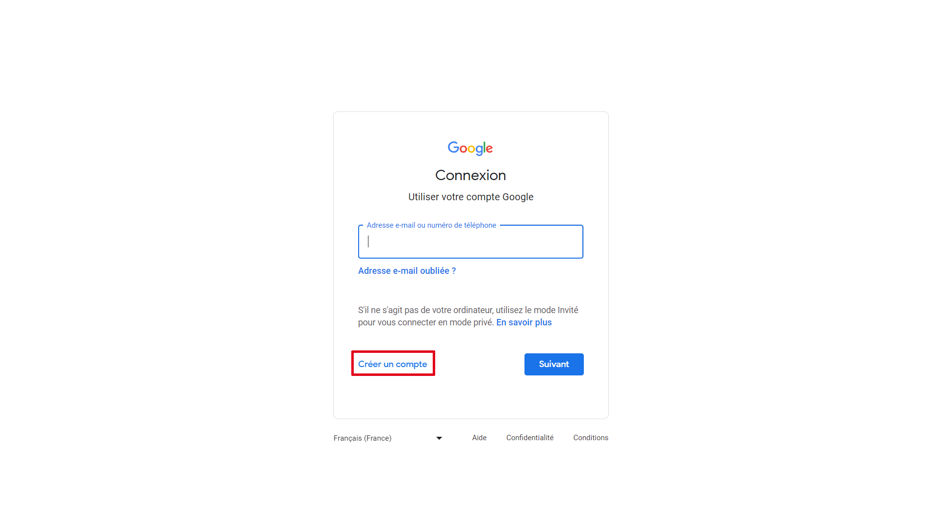 Sur la page de connexion Google, cliquez sur le lien Créer un compte.