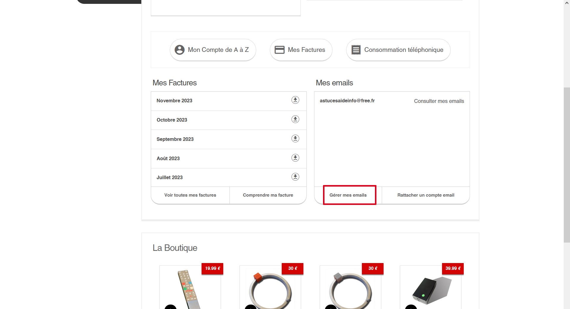 Cliquer sur l'option Gérer mes emails du tableau de bord abonné de Free