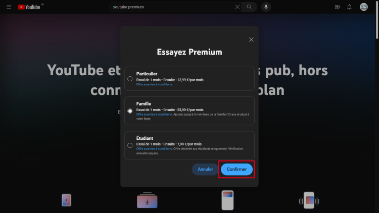 Les différentes formules d'abonnement proposées par YouTube Premium