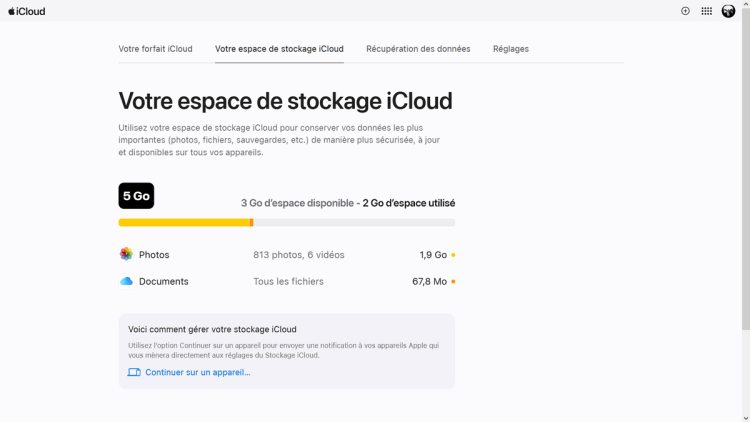 Récapitulatif de votre espace de stockage sur iCloud