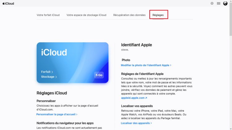 Les paramètres d'iCloud accessibles depuis les réglages