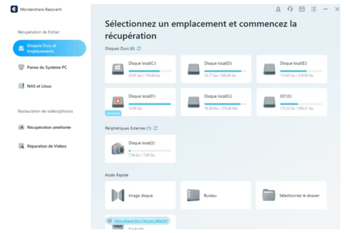 Interface du logiciel de récupération de données Wondershare Recoverit