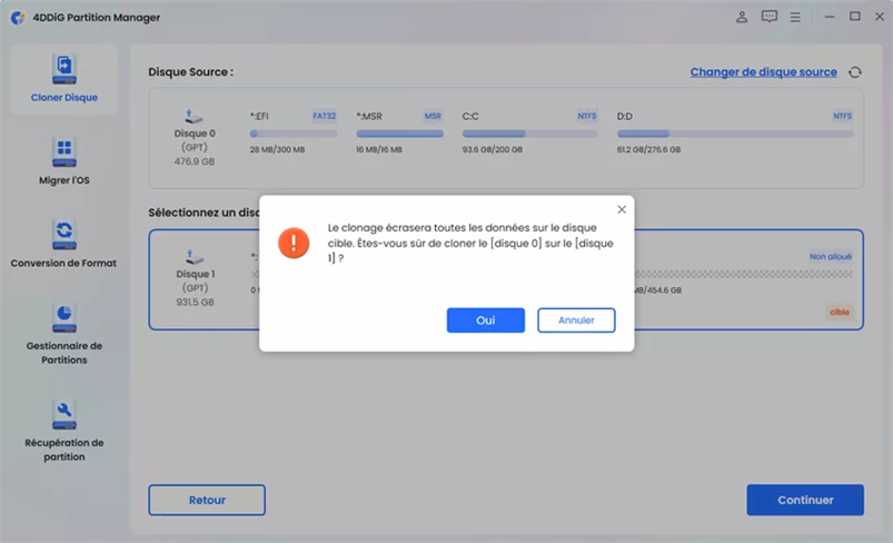 confirmer le processus de clonage à ce niveau en cliquant sur le bouton « Oui ».