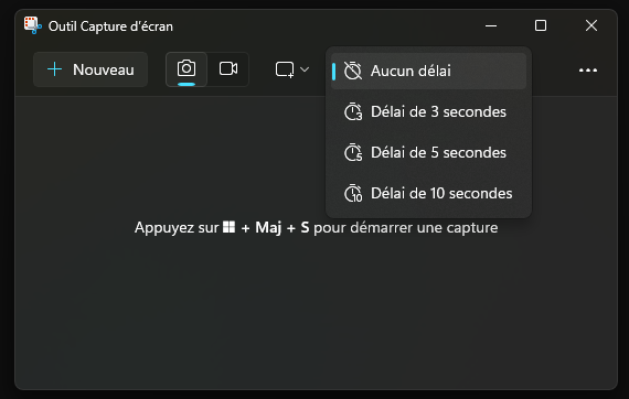 Réglage du délai avant prise de la capture d'écran