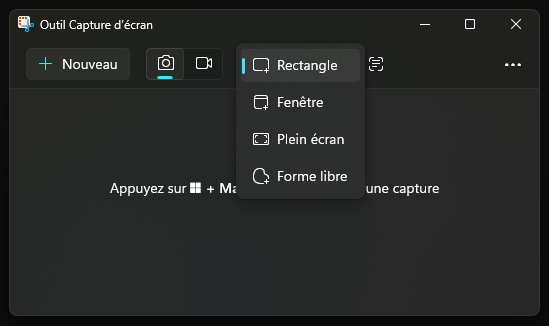 Les différents types de screenshot proposés par l'outil capture d'écran de Windows 11