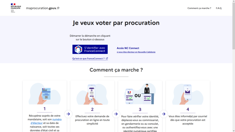 Page d'accueil du site maprocuration.gouv.fr qui permet de faire les démarches pour voter par procuration