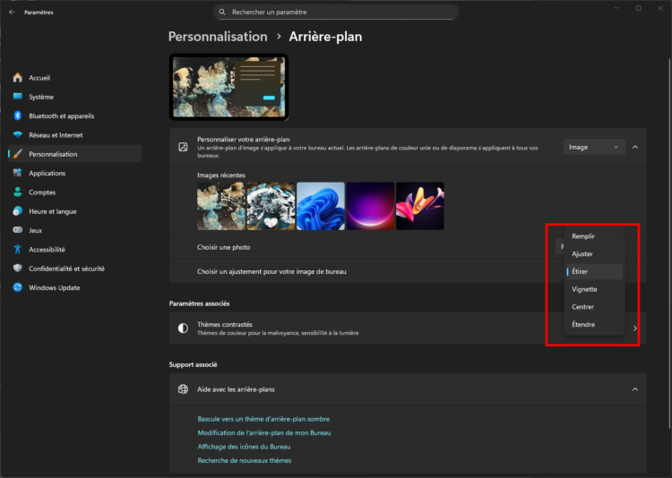 Options d'ajustement Remplir, Ajuster, Étirer pour le fond d'écran Windows 11