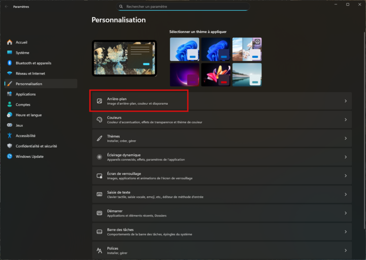 Dans la fenêtre Personnalisation des paramètres de Windows 11, cliquer sur Arrière-plan