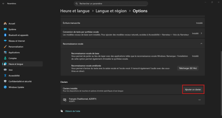 Ajouter un clavier à Windows 11 via les options linguistiques