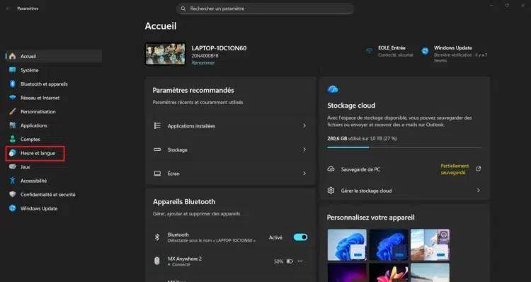Ouvrir les Paramètres de Windows depuis le menu Démarrer ou en utilisant le raccourci clavier Windows + I et sélectionner Heure et Langue dans le menu de gauche.