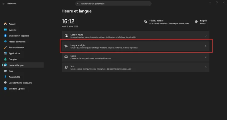 Cliquer ensuite sur Langue et région