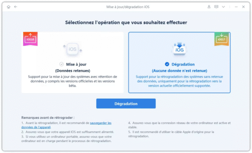 Écran de Tenorshare ReiBoot où l'on choisit Dégradation pour supprimer la version bêta d'iOS
