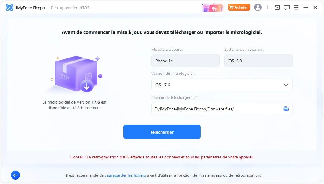 Téléchargement de la version d'iOS