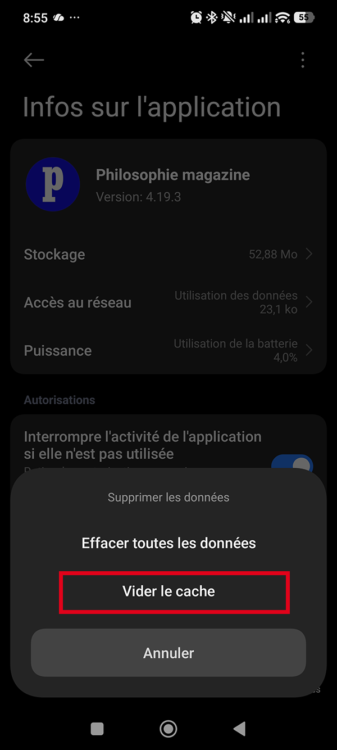 Appuyez sur "Vider le cache" pour vider le cache de l'application Android