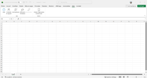 Classeur Excel vide avec cellules, colonnes et onglet de feuille
