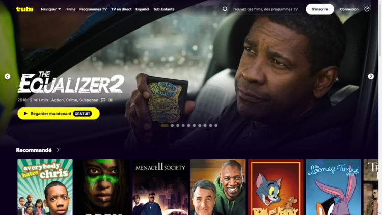 Interface de Tubi, plateforme de streaming gratuit avec plus de 20 000 films et séries