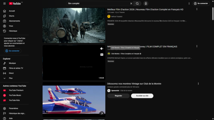YouTube n'est pas qu'une plateforme de vidéos courtes. Elle propose aussi des films et des séries complets gratuitement (financés par la publicité).