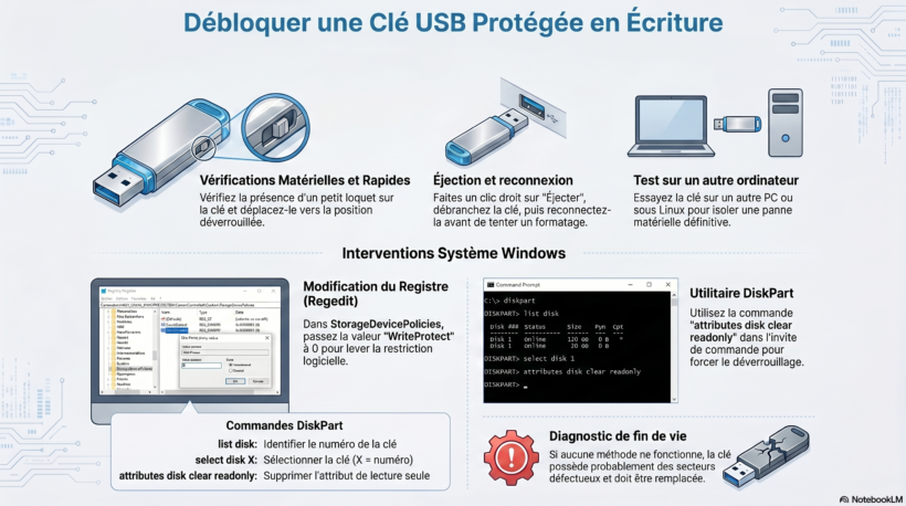 Infographie résumant les méthodes pour débloquer une clé USB protégée en écriture sous Windows 10 et 11 : commutateur physique, éditeur de registre et commande DiskPart