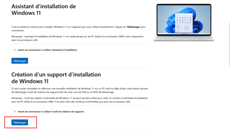 Page de téléchargement de l'outil de création de support d'installation Windows 11 sur le site Microsoft