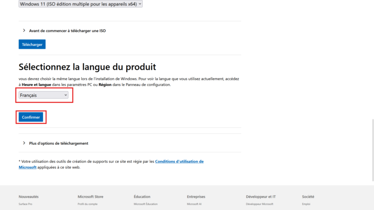 Sélection de la langue d'installation de Windows 11 (ici, français)