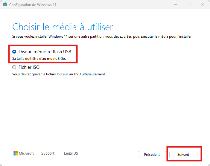 Sélection du type de support d'installation Windows 11 : disque mémoire flash USB