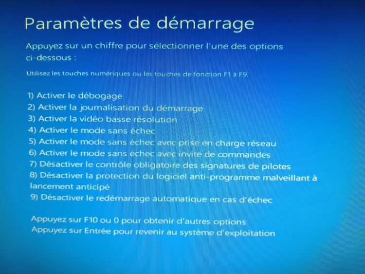 Liste des options de mode sans échec après redémarrage avancé Windows 11