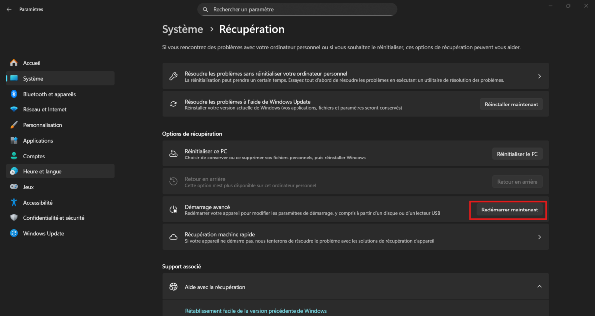 Bouton Redémarrer maintenant pour le démarrage avancé de Windows 11