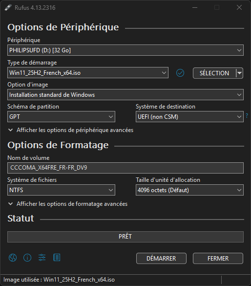 Interface du logiciel Rufus pour créer une clé USB bootable Windows 11