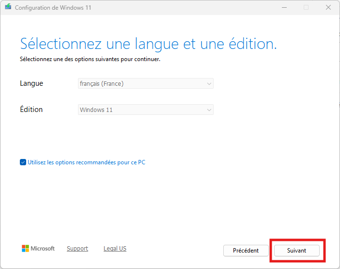 Sélectionnez une langue et l'édition de Windows 11 à installer