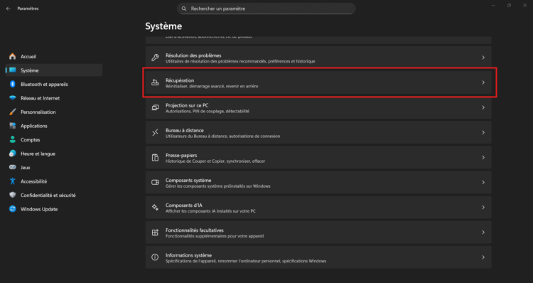 L'outil Récupération dans Windows 11